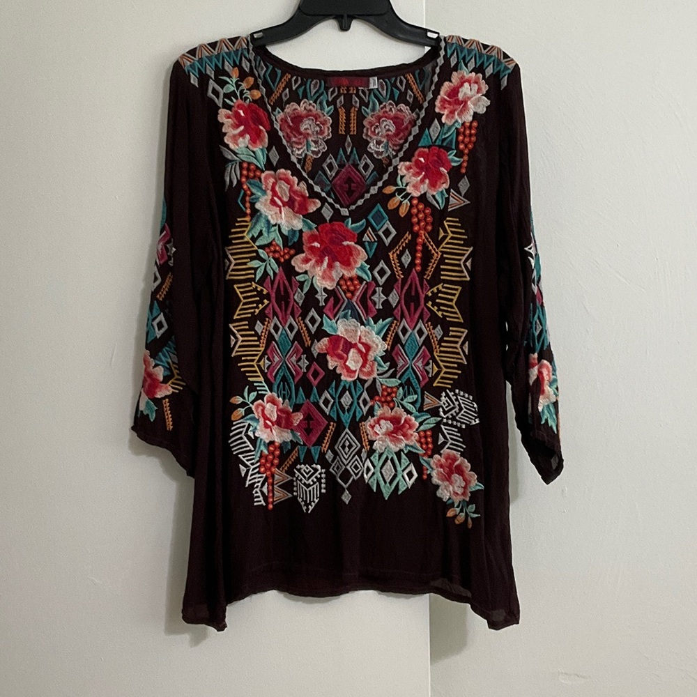 Johnny Was Brown Tunic with Multicolor Floral Embroidery